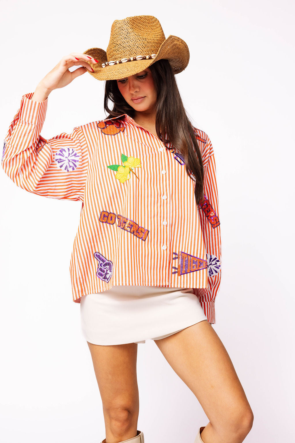 Licensed Clemson Mini Icon Striped Button Down Long Sleeve Top