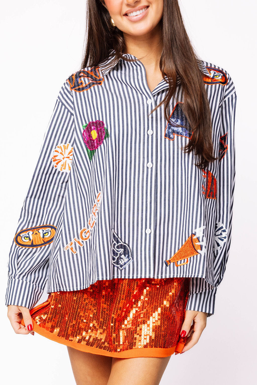 Licensed Auburn Mini Icon Striped Button Down Long Sleeve Top