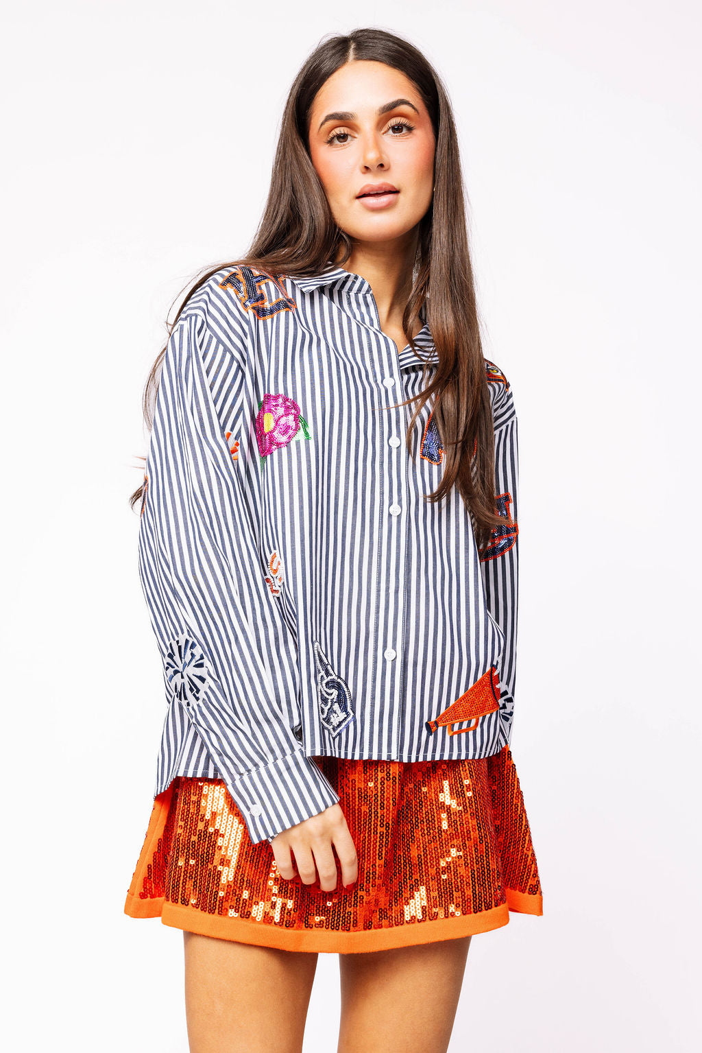 Licensed Auburn Mini Icon Striped Button Down Long Sleeve Top