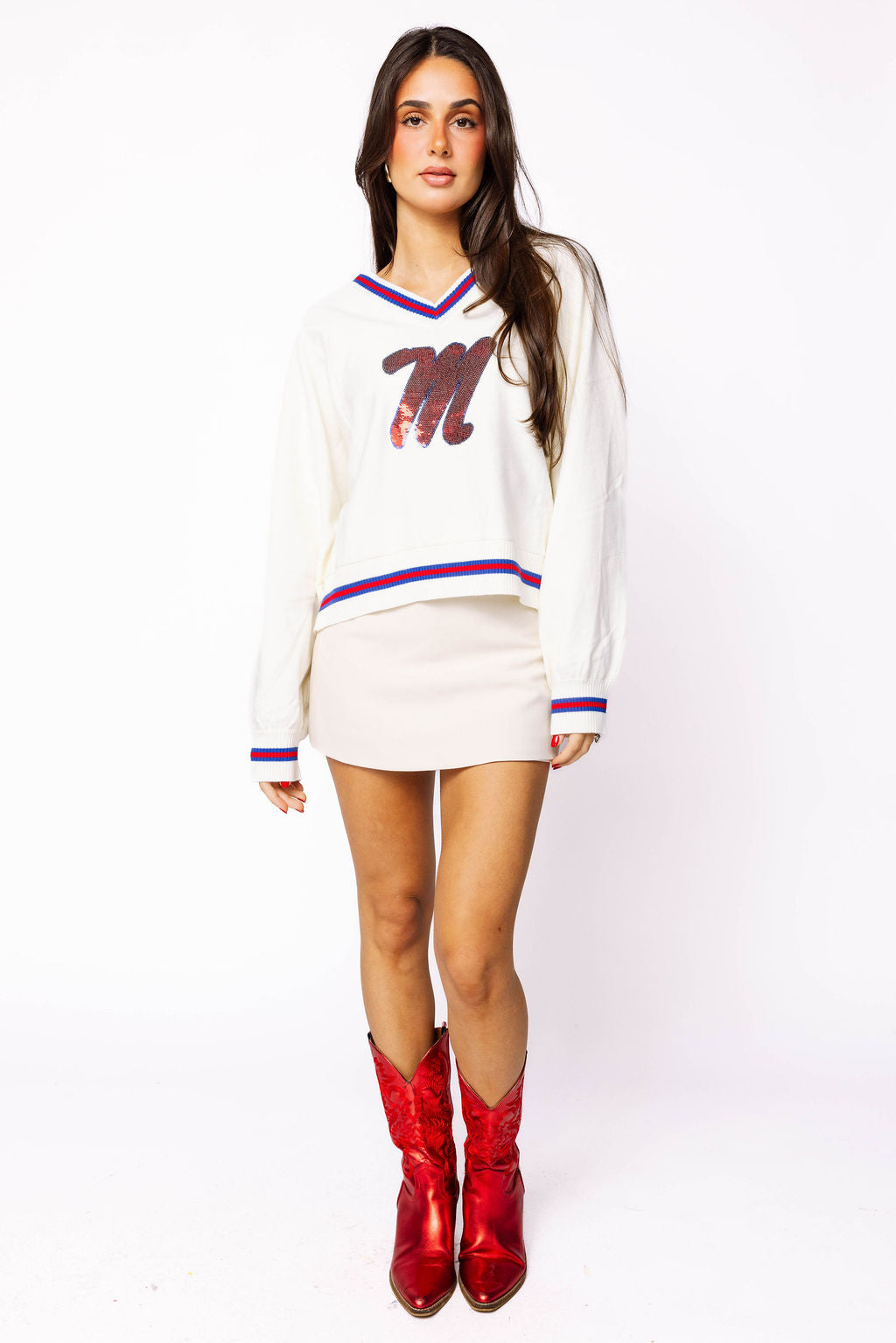 Licensed Ole Miss V Neck Striped Cuff LS Sweater With Small Mascot