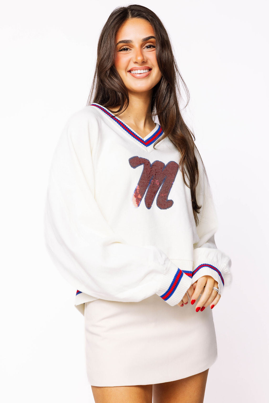 Licensed Ole Miss V Neck Striped Cuff LS Sweater With Small Mascot