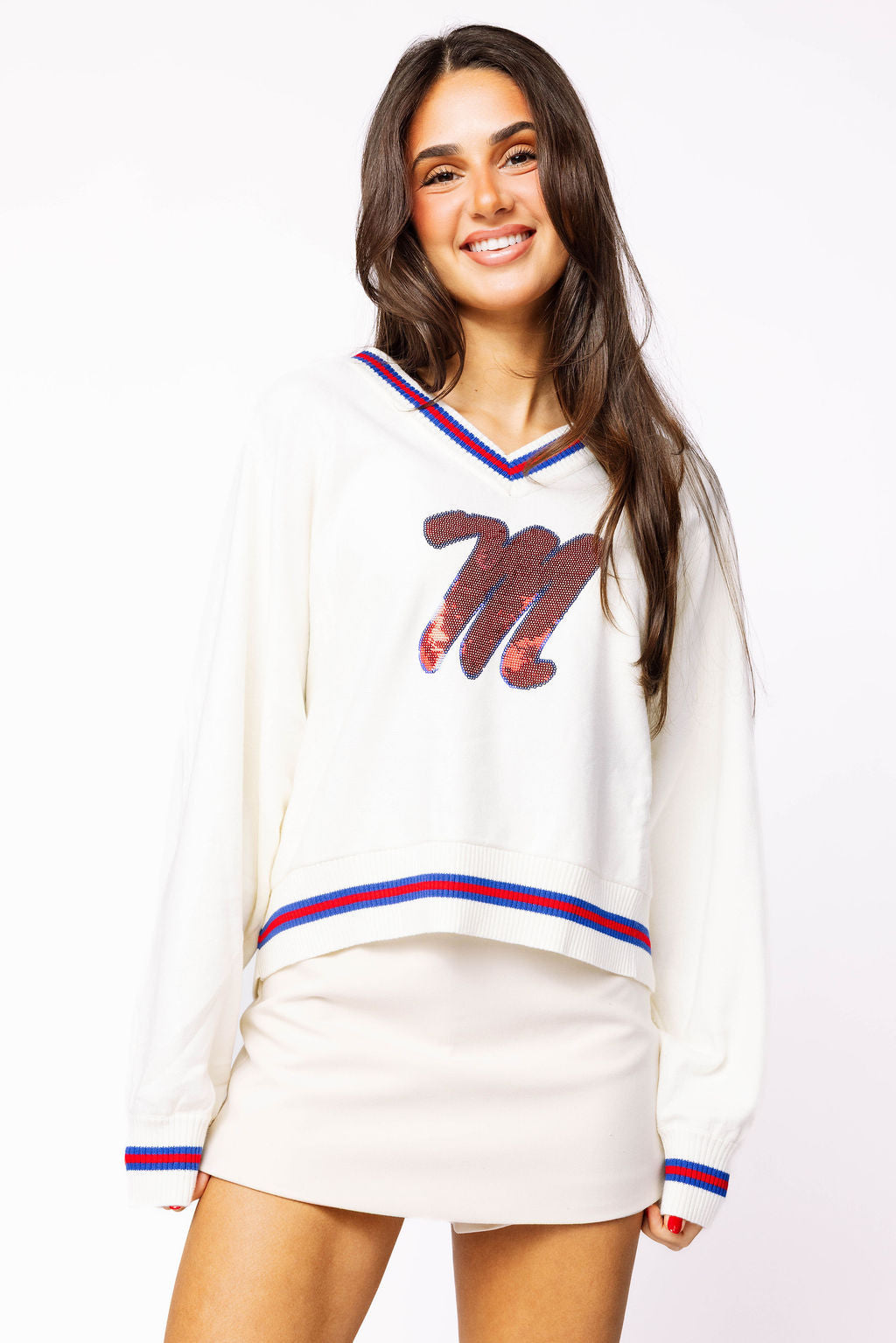 Licensed Ole Miss V Neck Striped Cuff LS Sweater With Small Mascot