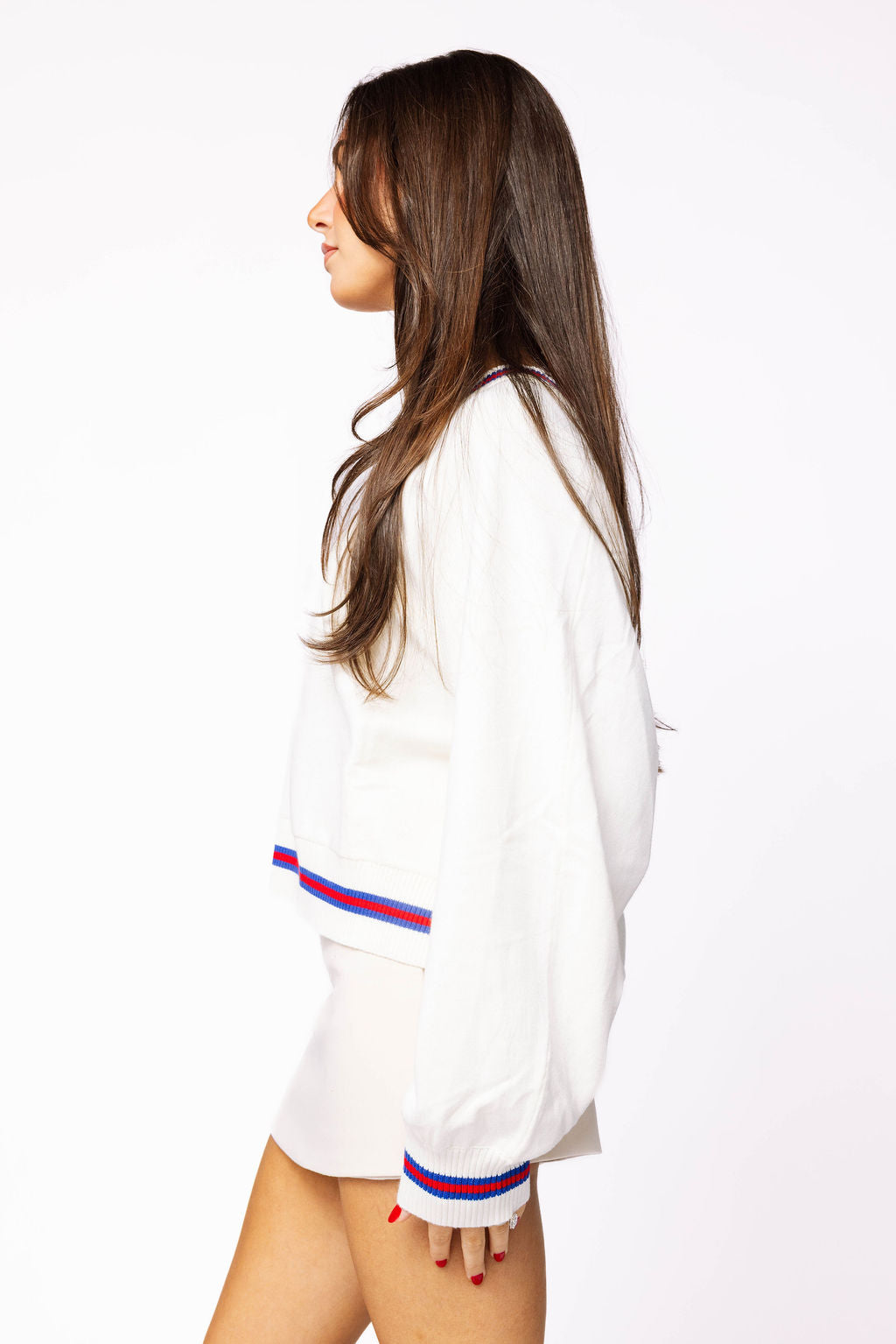 Licensed Ole Miss V Neck Striped Cuff LS Sweater With Small Mascot