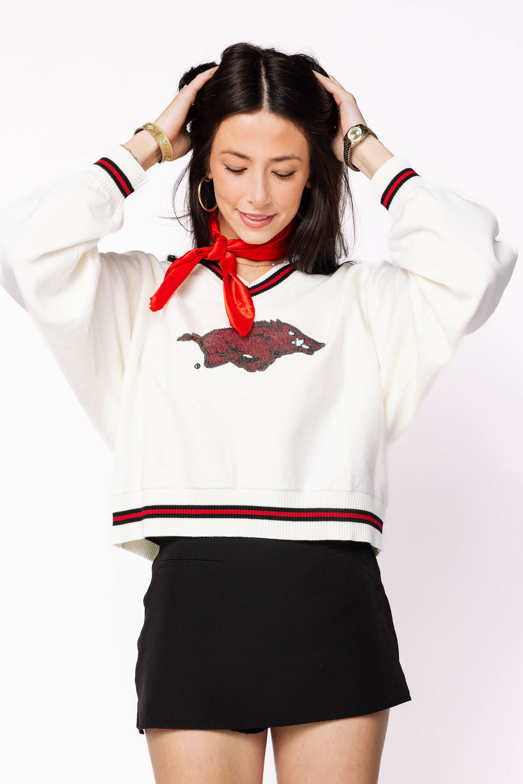 Licensed Arkansas V Neck Striped Cuff LS Sweater With Small Mascot