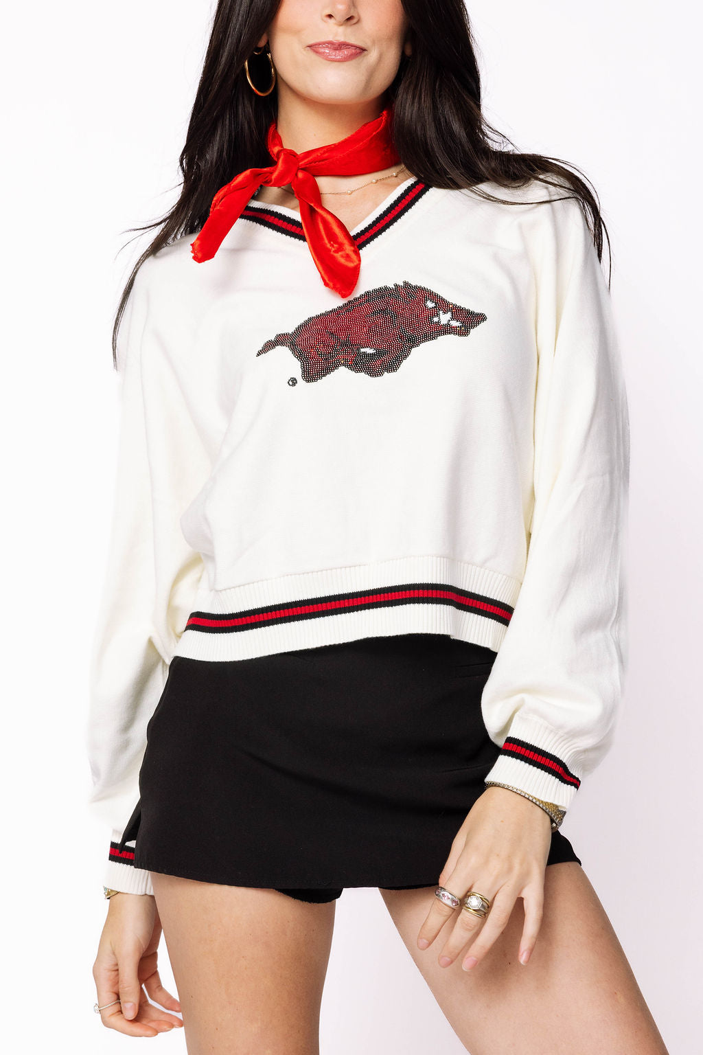 Licensed Arkansas V Neck Striped Cuff LS Sweater With Small Mascot