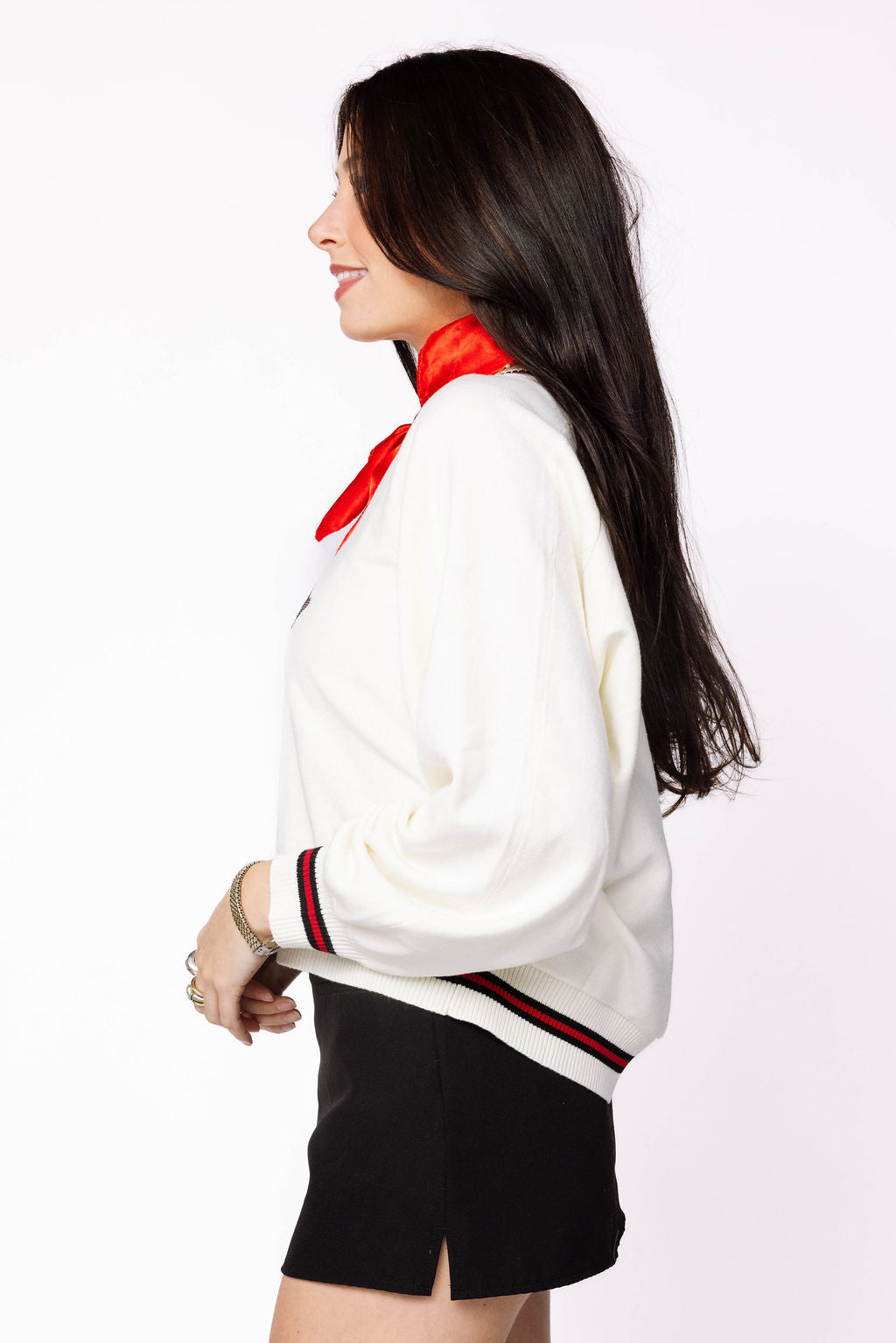 Licensed Arkansas V Neck Striped Cuff LS Sweater With Small Mascot