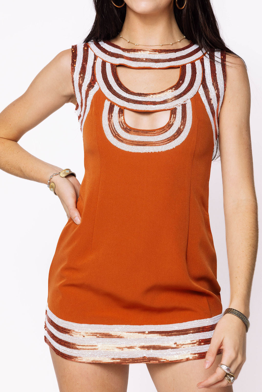 Burnt Orange & White Sequin Trim Cut Out Tank Dress