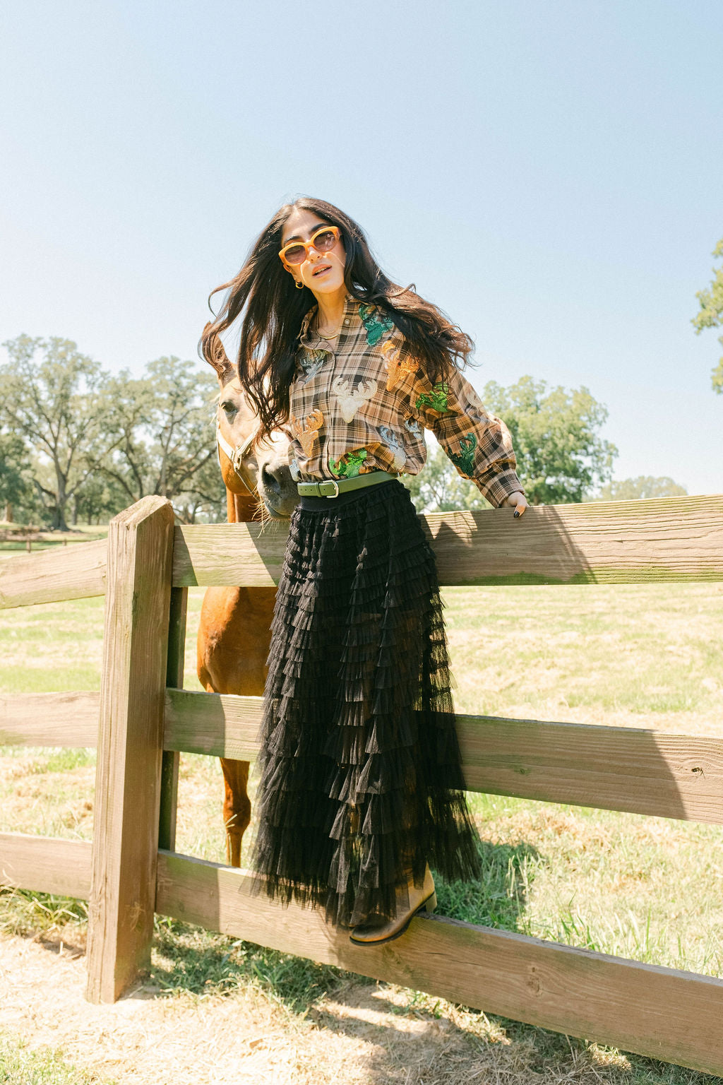 Brown Plaid Multi Deer Head Button Up Long Sleeve Top