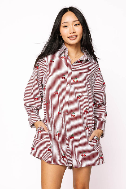 Striped Cotton Button Up Long Sleeve Jeweled Cherry Romper
