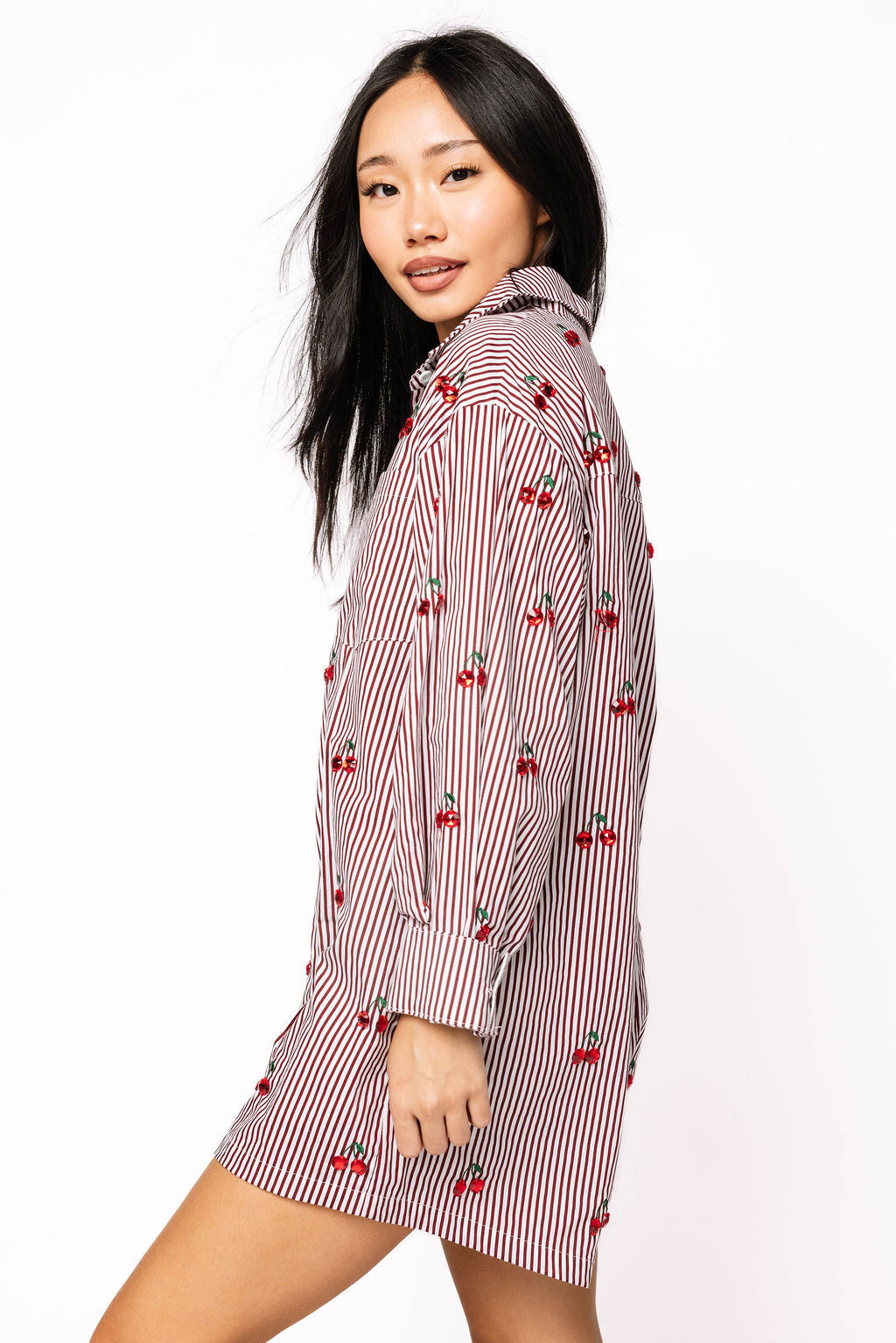 Striped Cotton Button Up Long Sleeve Jeweled Cherry Romper