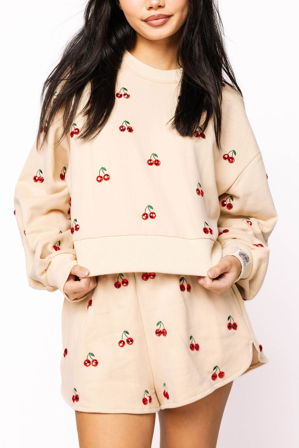 Tan Jeweled Cherry Sweatshirt