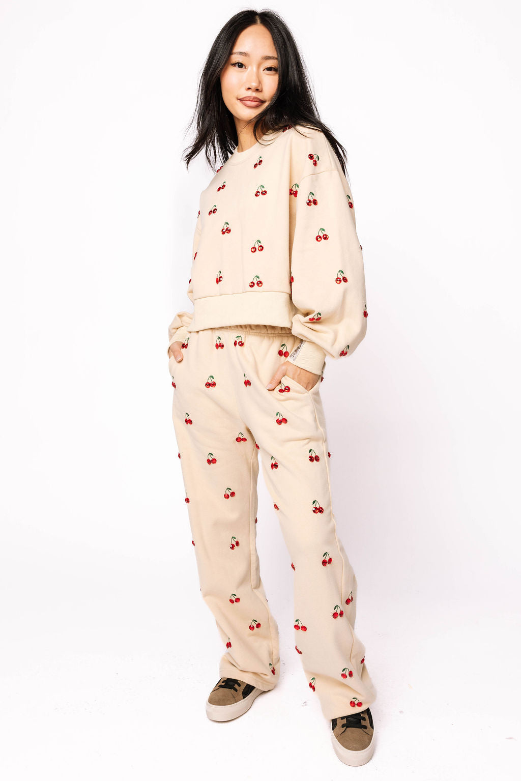Tan Jeweled Cherry Sweatshirt