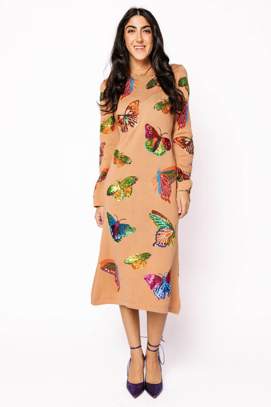 Tan Multi Butterfly Knit Midi Dress