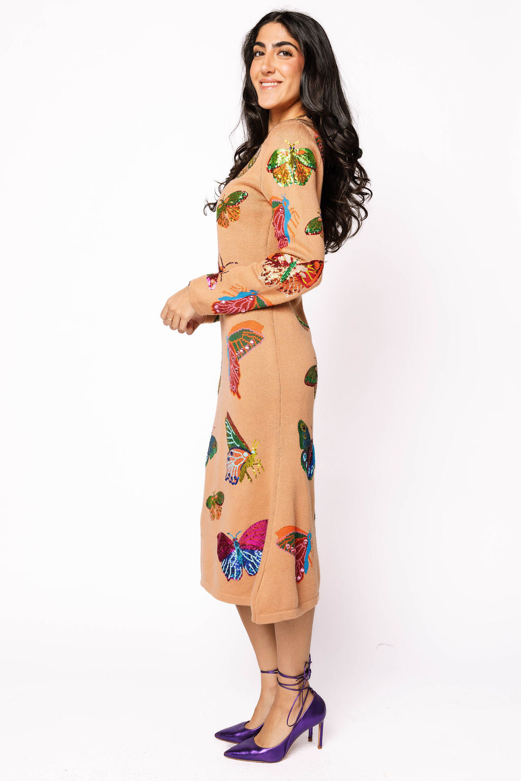 Tan Multi Butterfly Knit Midi Dress