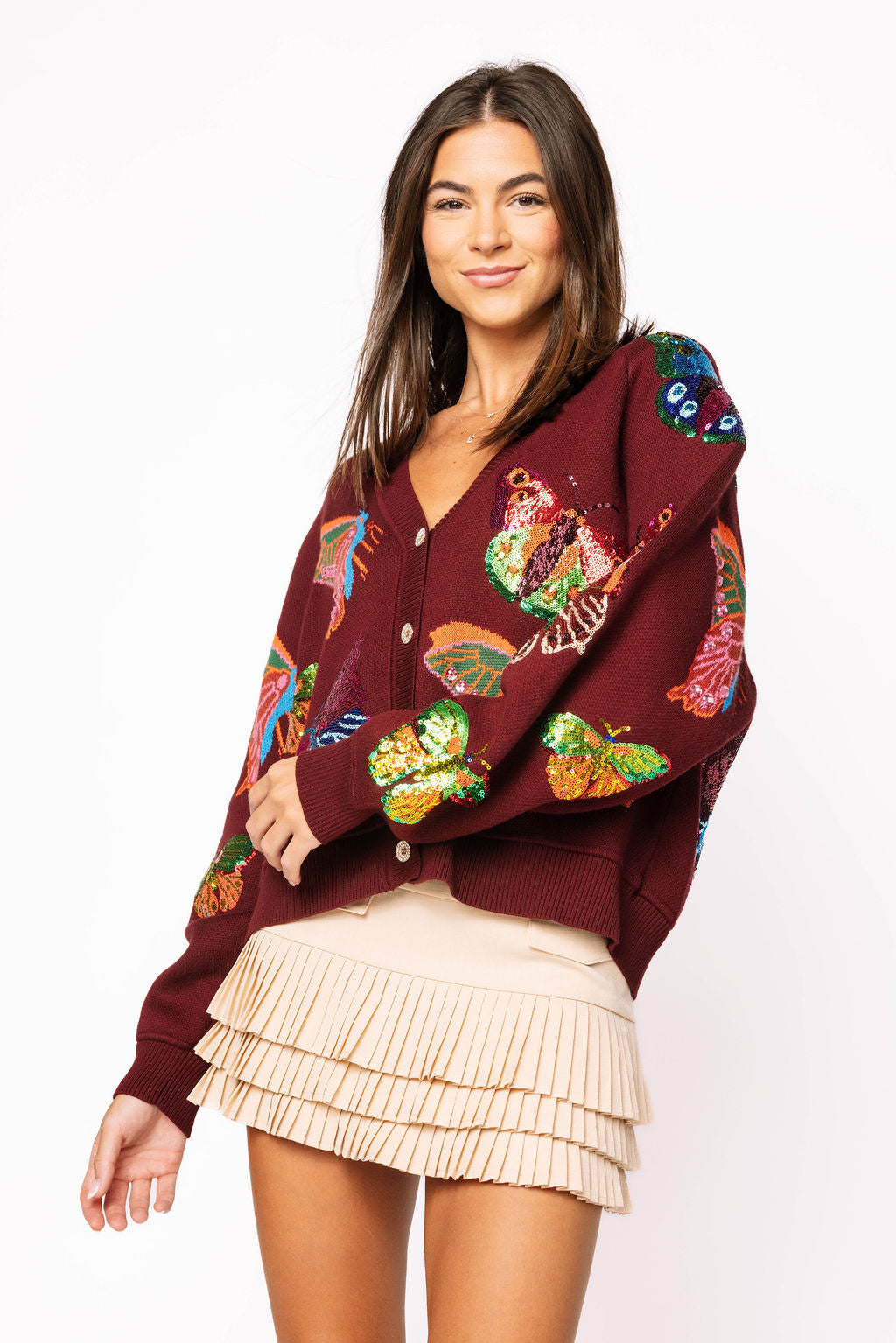 Maroon Multi Butterfly Button Up Knit Cardigan