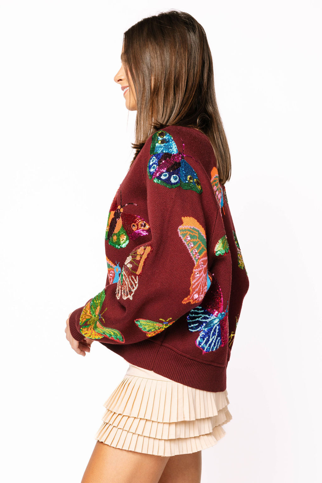 Maroon Multi Butterfly Button Up Knit Cardigan