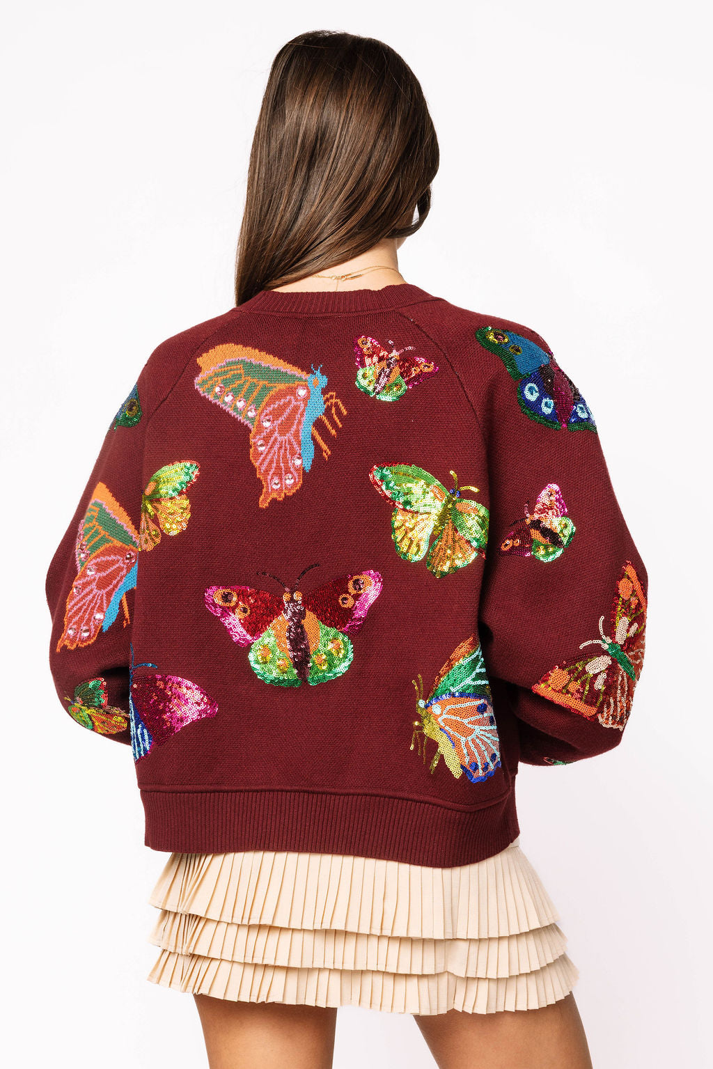 Maroon Multi Butterfly Button Up Knit Cardigan