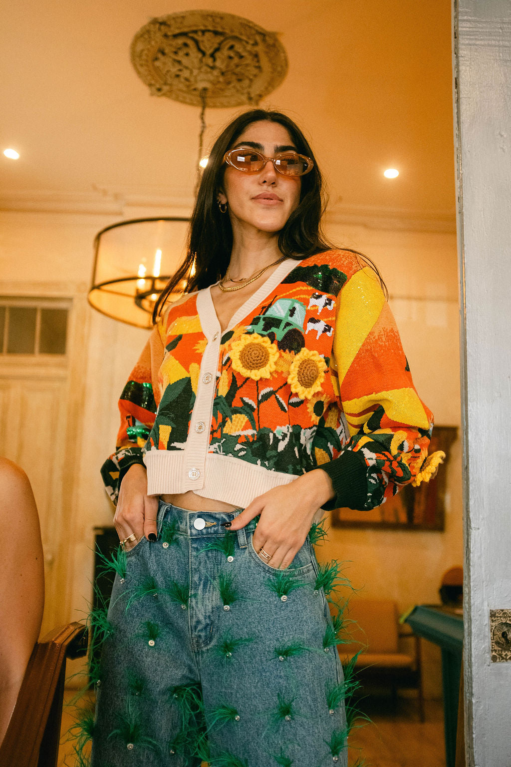 Multi Farm With Knit Sunflowers Button Up Cardigan