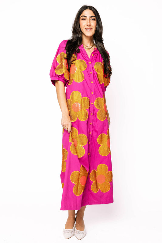 Purple, Gold & Red Oversized Flower Button Up Maxi Dress