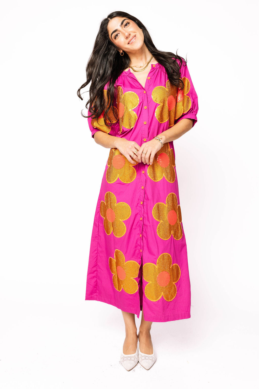 Purple, Gold & Red Oversized Flower Button Up Maxi Dress