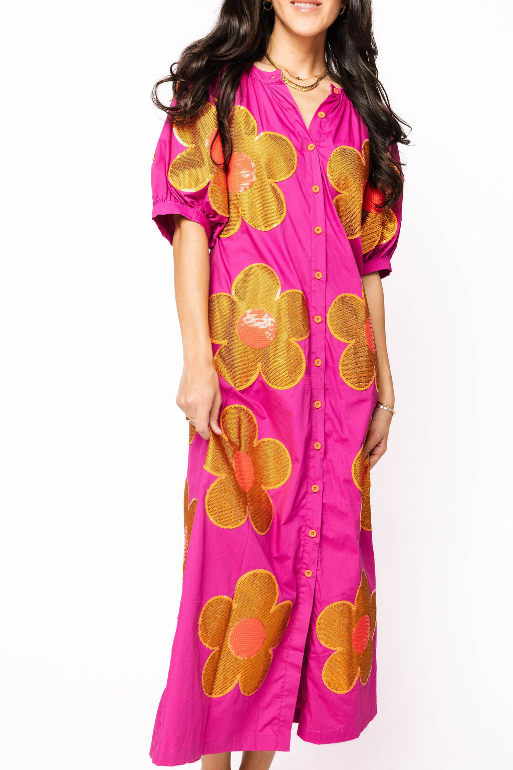 Purple, Gold & Red Oversized Flower Button Up Maxi Dress