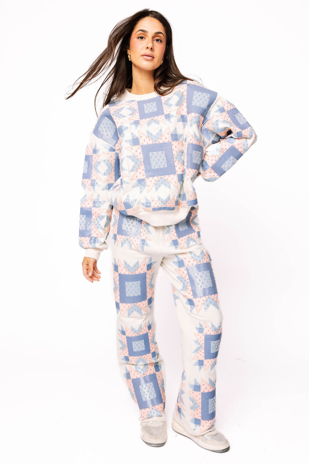 Ivory, Blue & Light Pink Patchwork Sweatshirt