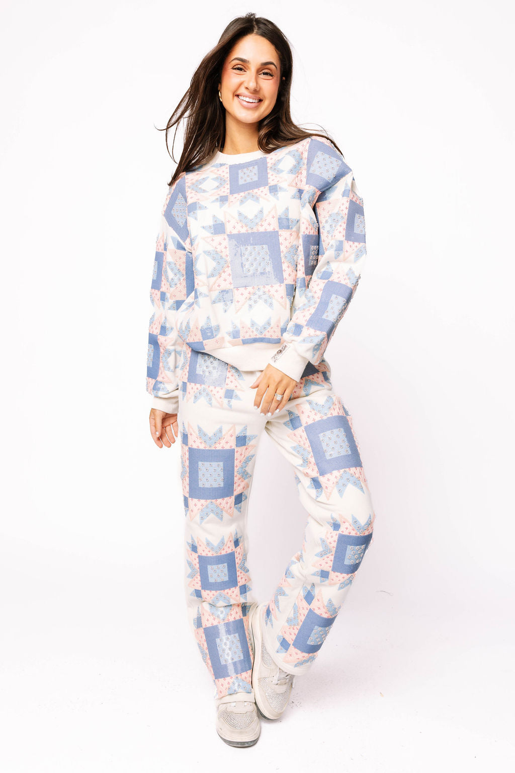 Ivory, Blue & Light Pink Patchwork Sweatshirt
