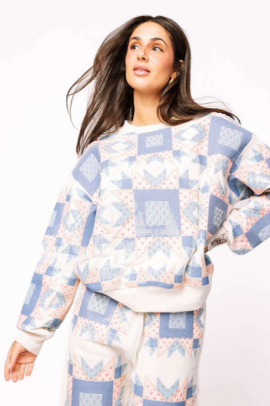 Ivory, Blue & Light Pink Patchwork Sweatshirt