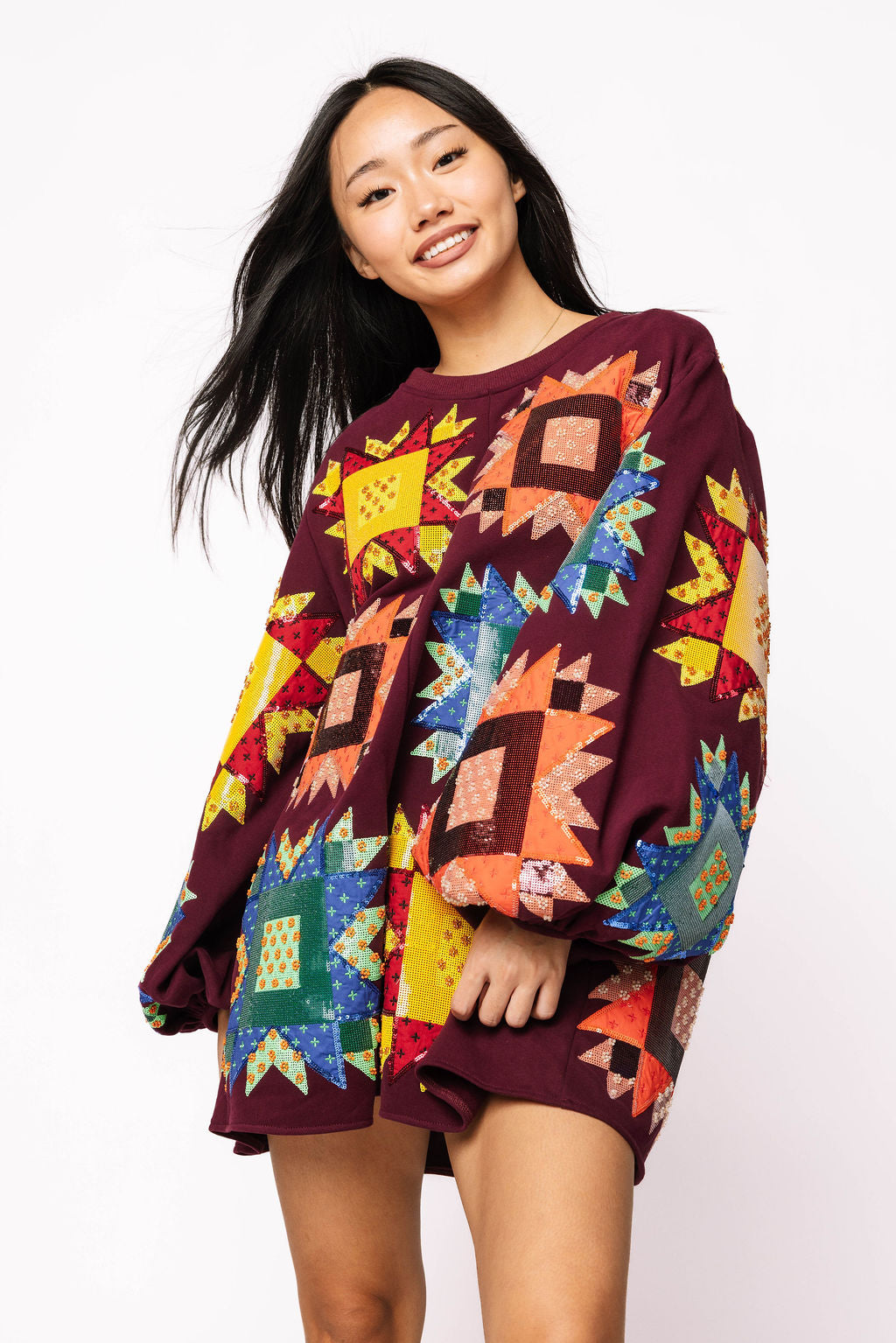 Maroon Multi Patchwork Balloon Sleeve Dress