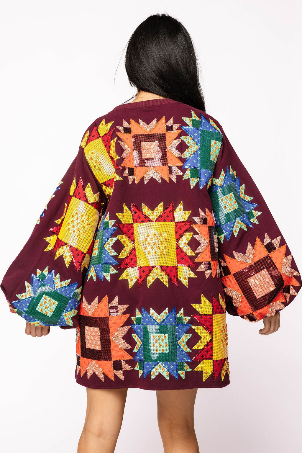 Maroon Multi Patchwork Balloon Sleeve Dress