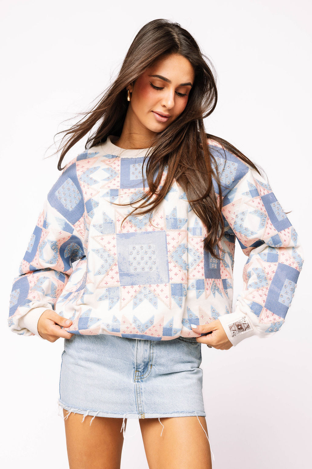 Ivory, Blue & Light Pink Patchwork Sweatshirt