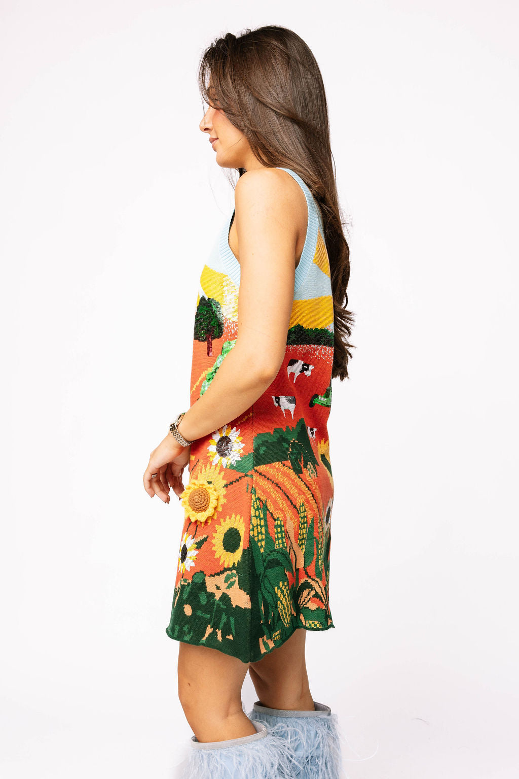 Multi Farm With Knit Sunflowers Tank Dress