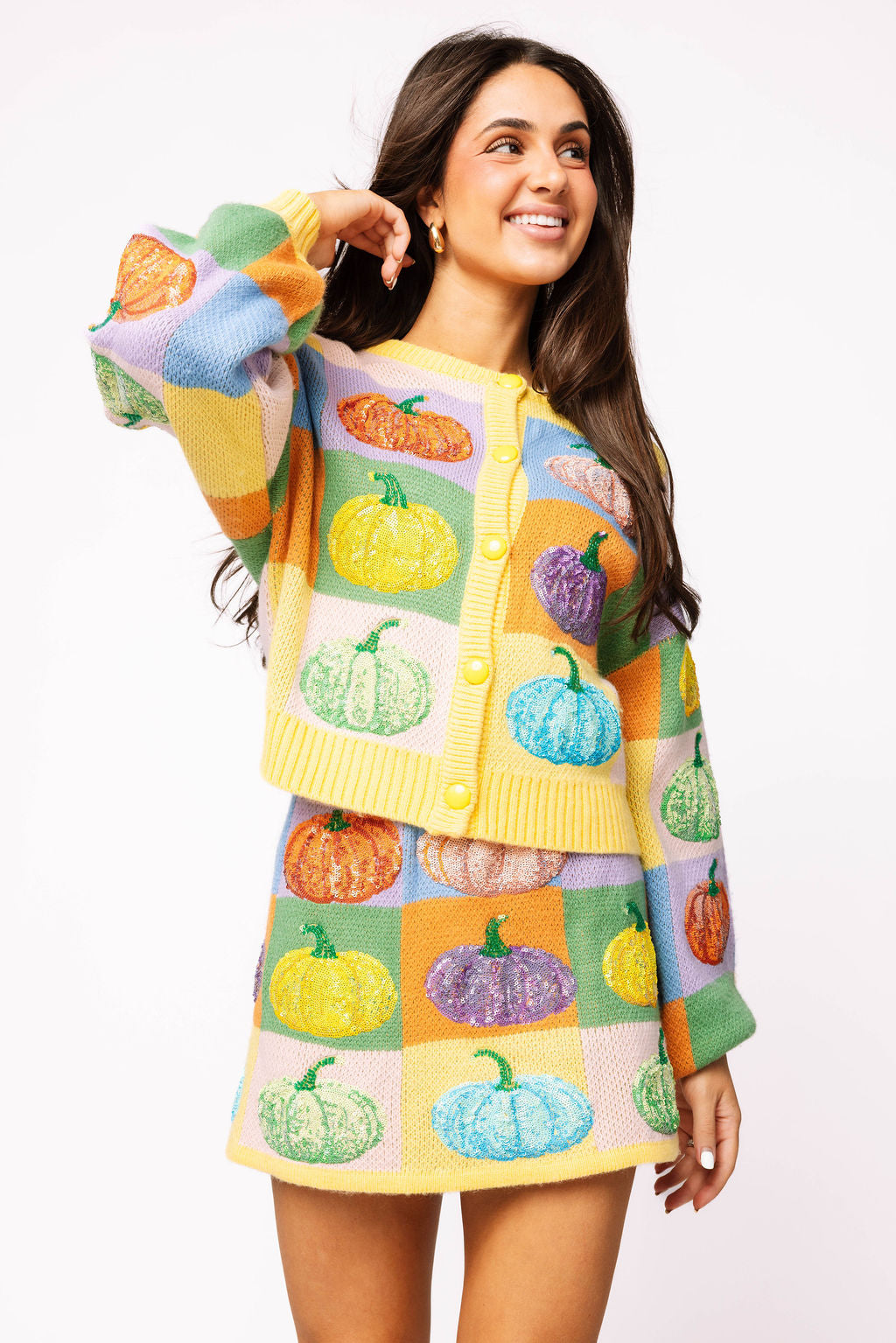 Pastel Colorblock Pumpkin Button Up Cardigan