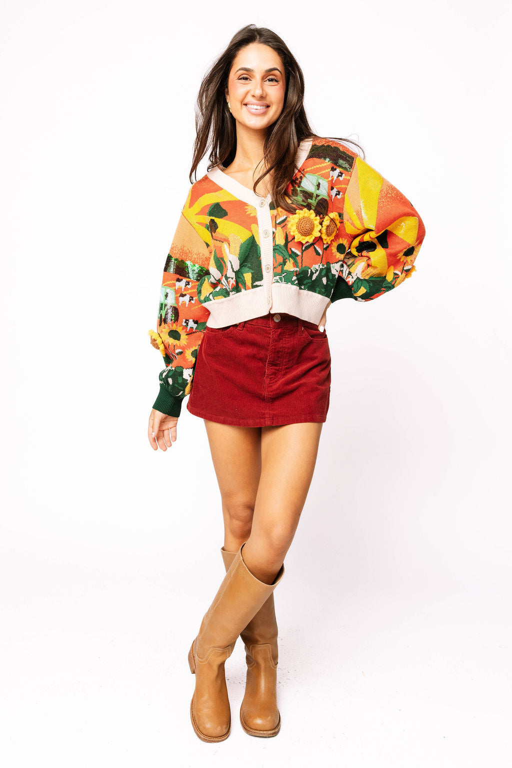 Multi Farm With Knit Sunflowers Button Up Cardigan