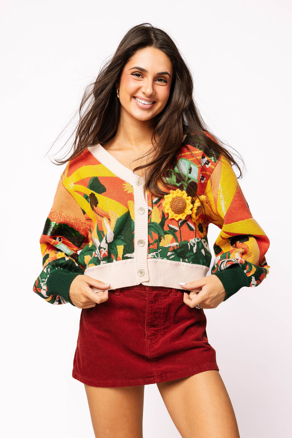 Multi Farm With Knit Sunflowers Button Up Cardigan