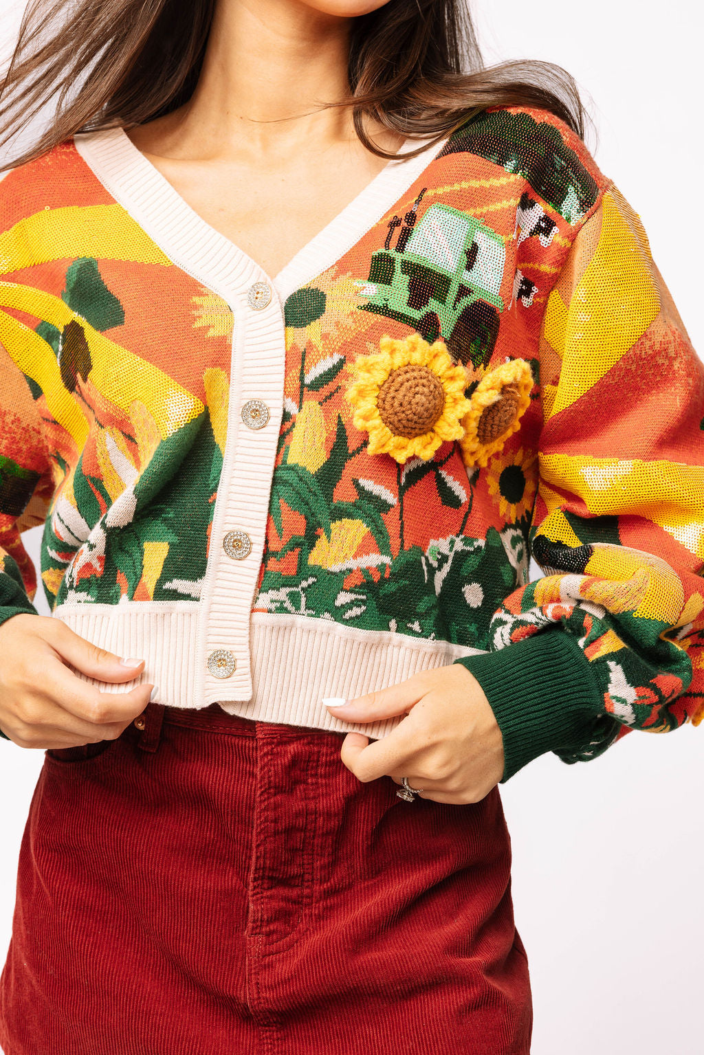 Multi Farm With Knit Sunflowers Button Up Cardigan