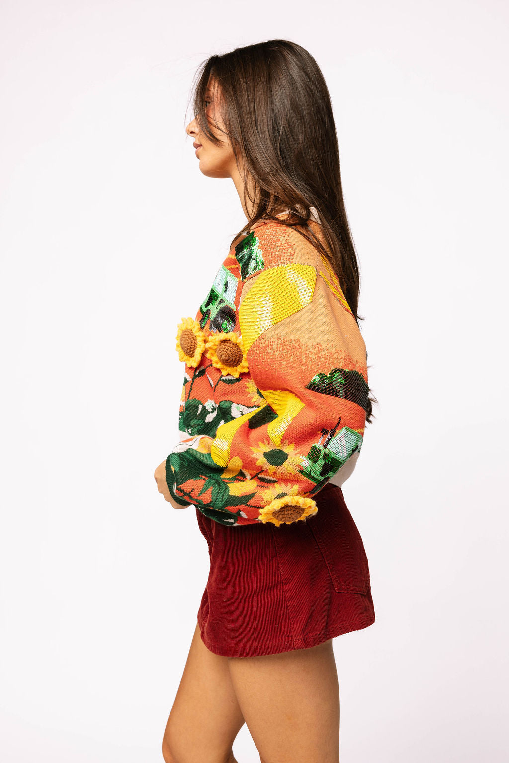 Multi Farm With Knit Sunflowers Button Up Cardigan