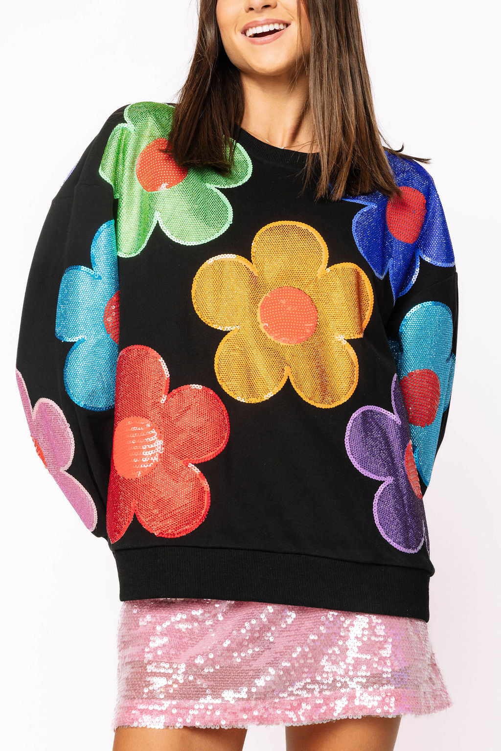 Black Multi Oversized Rhinestone Flower Sweatshirt
