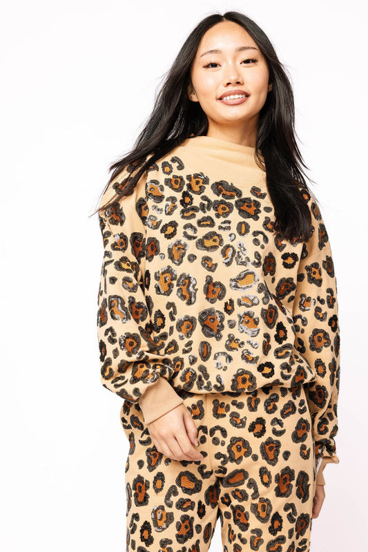 Tan, Brown, & Black Leopard Mock Neck Sweatshirt