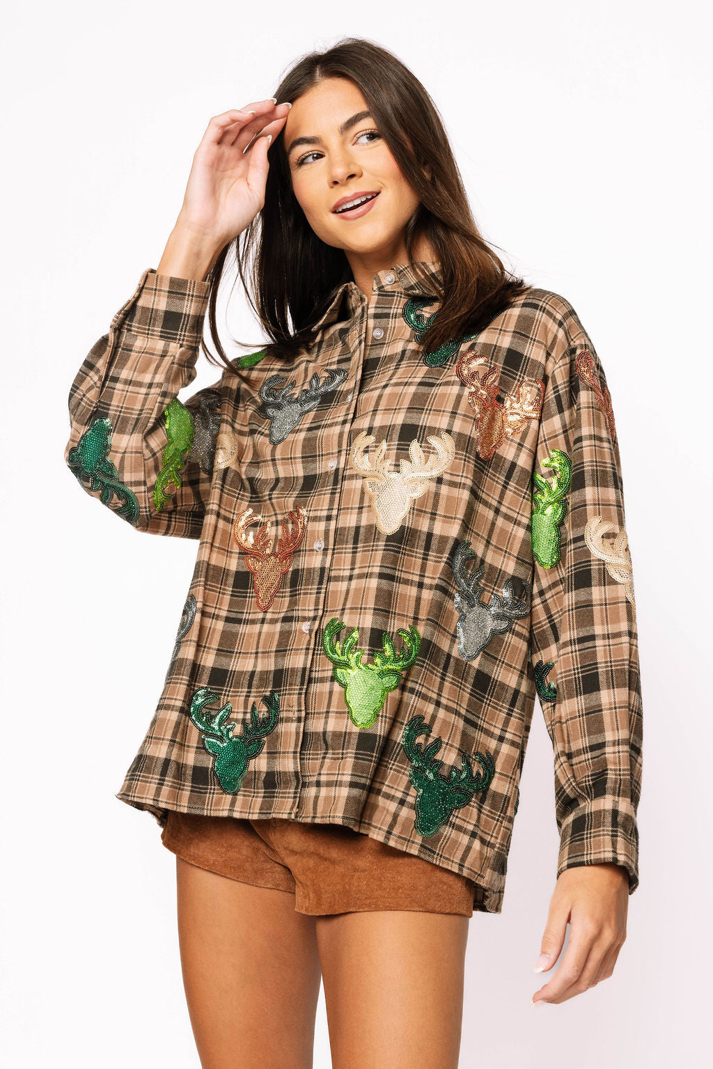 Brown Plaid Multi Deer Head Button Up Long Sleeve Top
