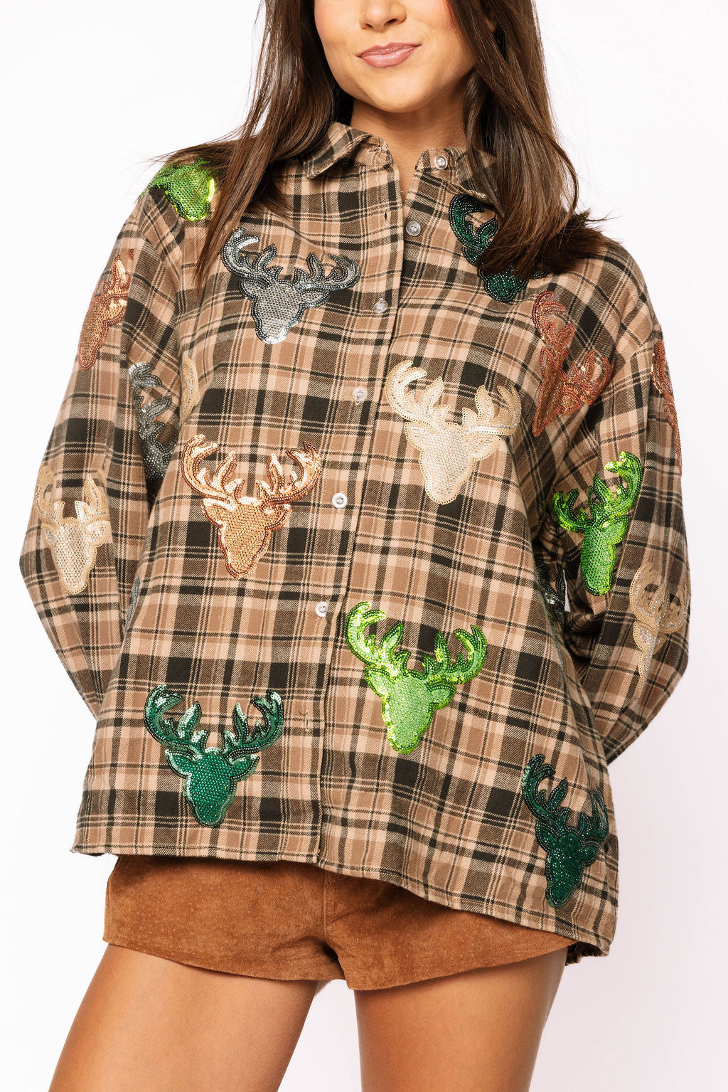 Brown Plaid Multi Deer Head Button Up Long Sleeve Top