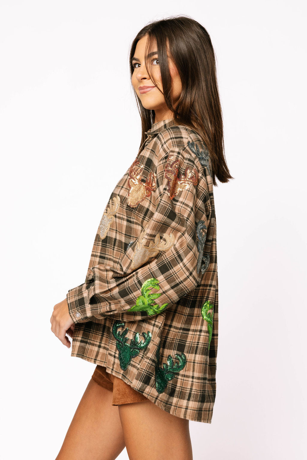 Brown Plaid Multi Deer Head Button Up Long Sleeve Top