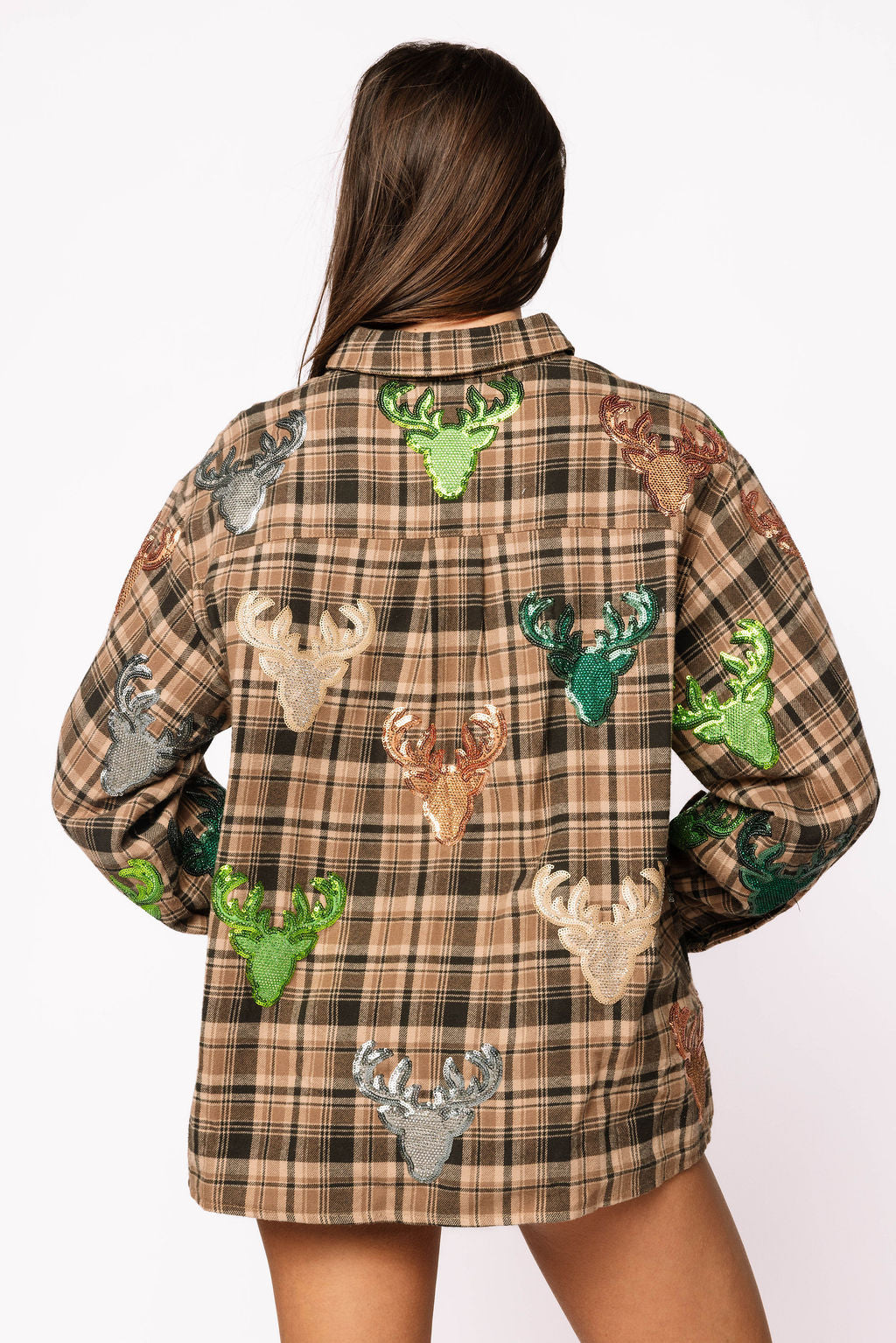 Brown Plaid Multi Deer Head Button Up Long Sleeve Top