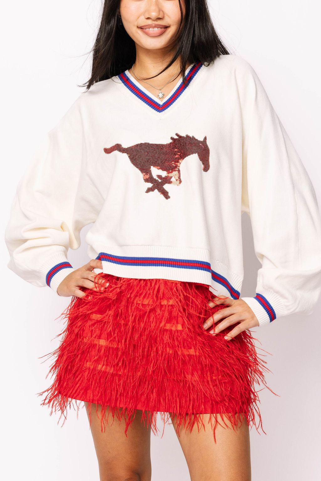 Licensed SMU V Neck Striped Cuff LS Sweater With Small Mascot