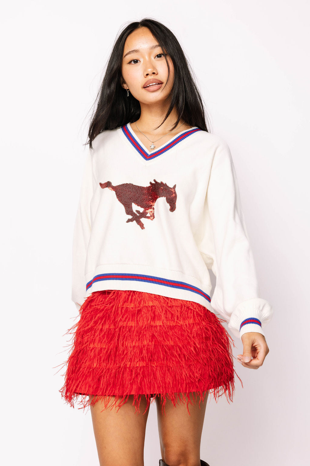 Licensed SMU V Neck Striped Cuff LS Sweater With Small Mascot