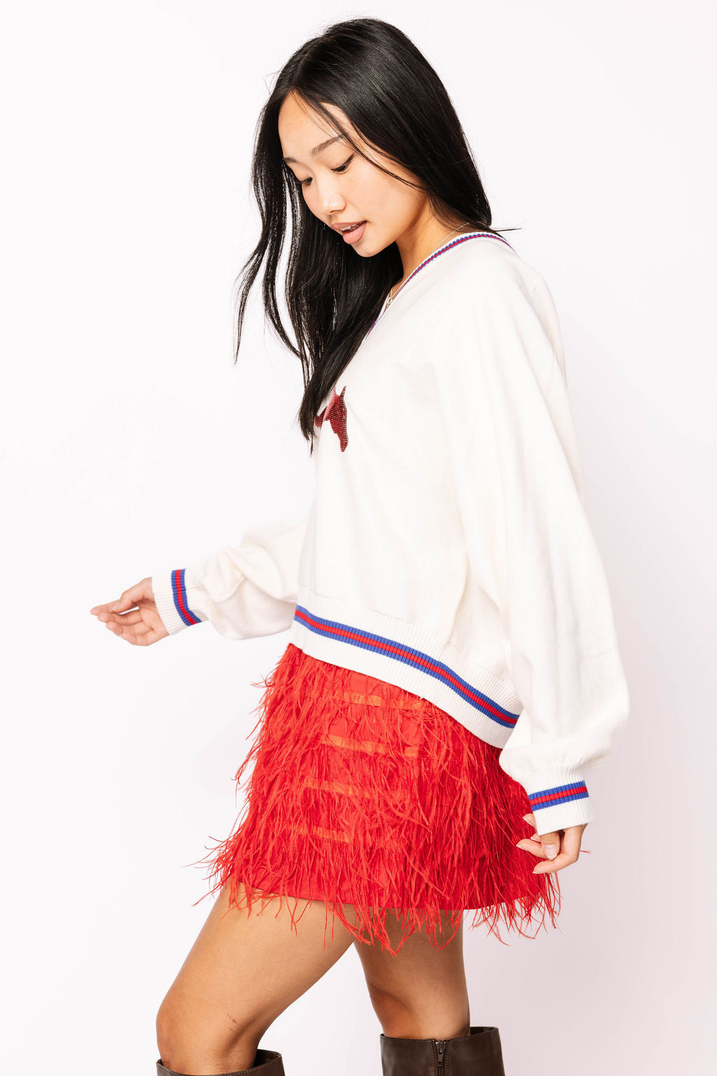 Licensed SMU V Neck Striped Cuff LS Sweater With Small Mascot