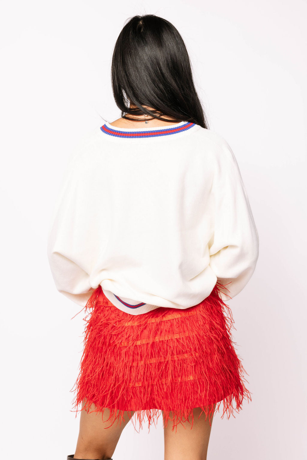 Licensed SMU V Neck Striped Cuff LS Sweater With Small Mascot