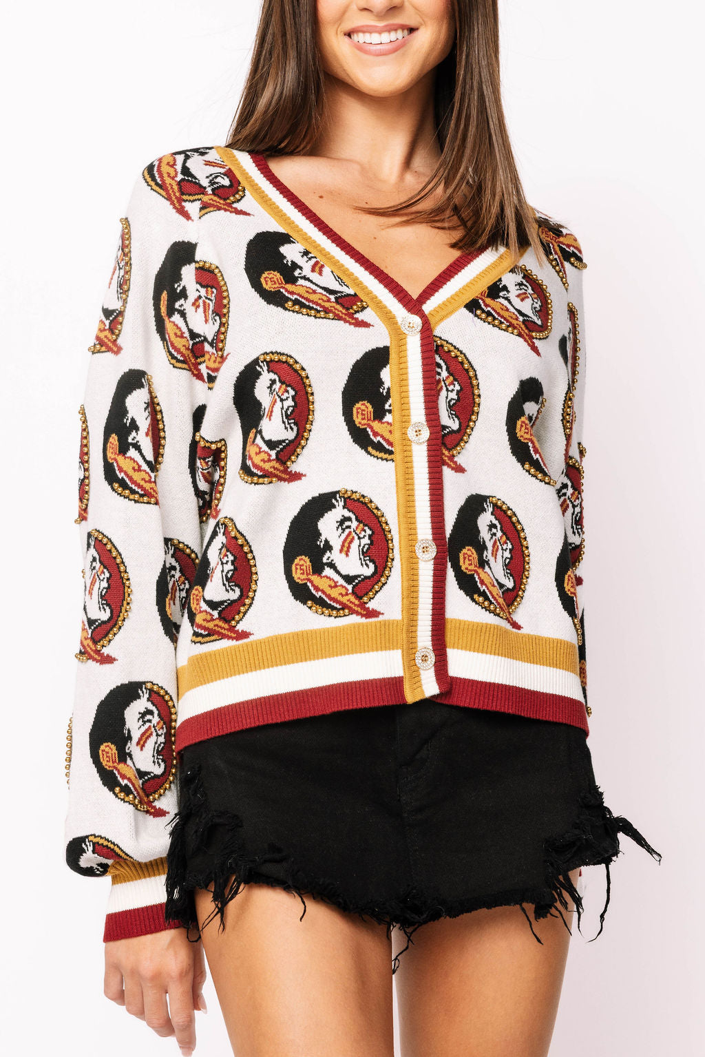 Licensed FSU Knit In Mascot Rhinestone Cardigan