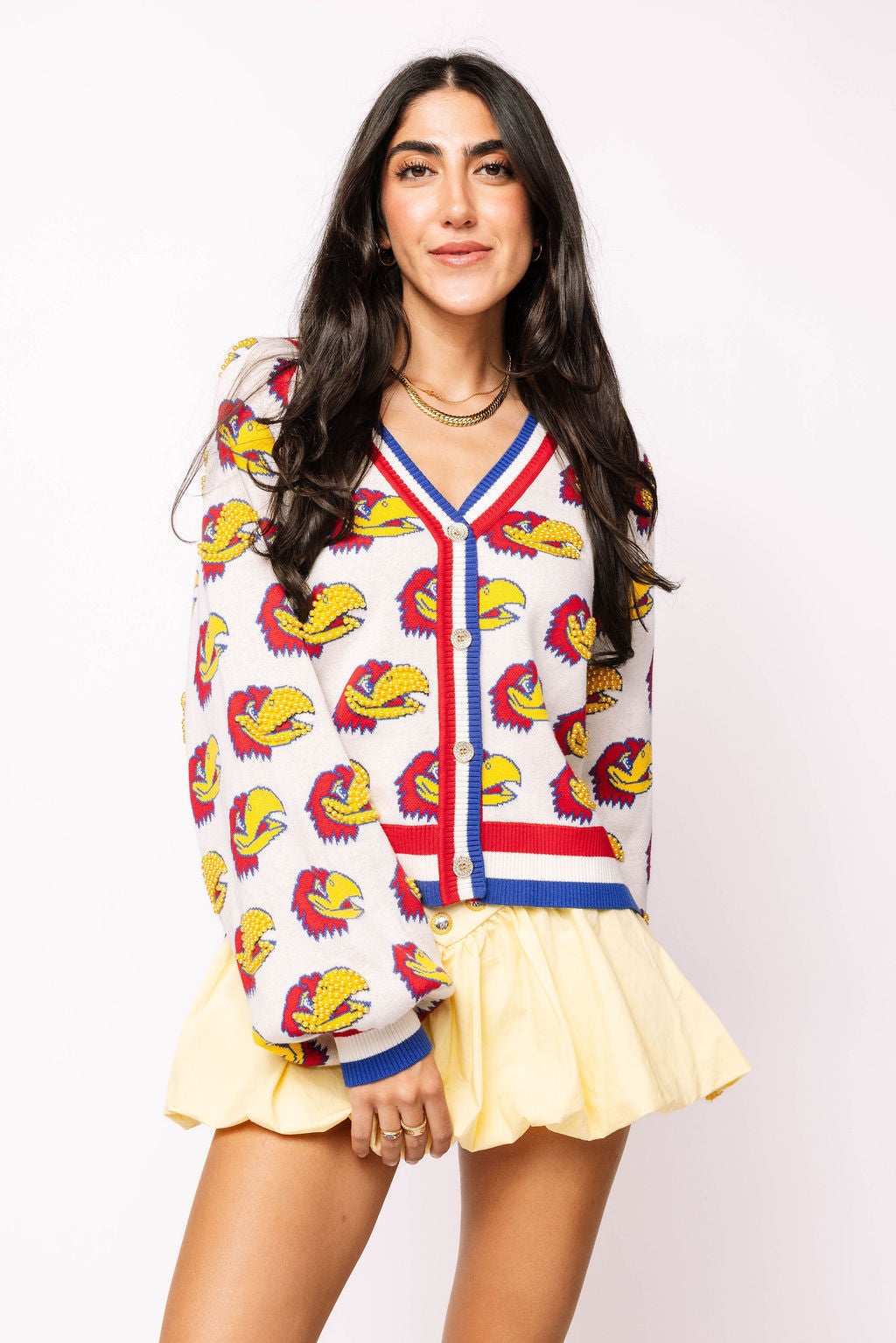 Licensed Kansas Knit In Mascot Rhinestone Cardigan