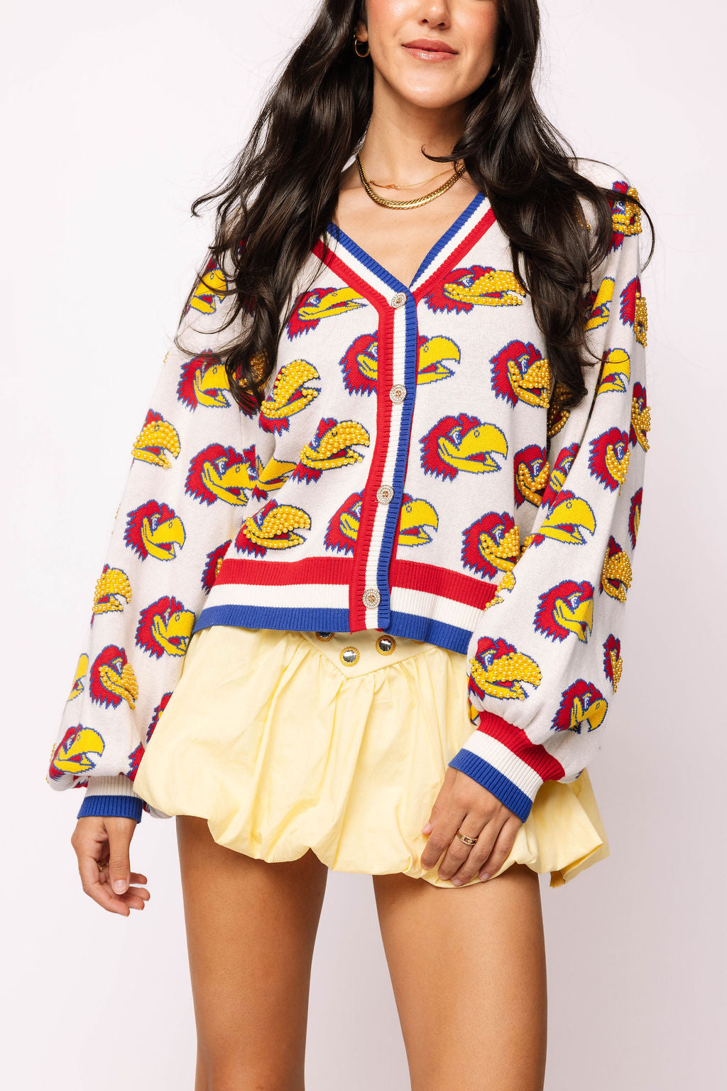 Licensed Kansas Knit In Mascot Rhinestone Cardigan